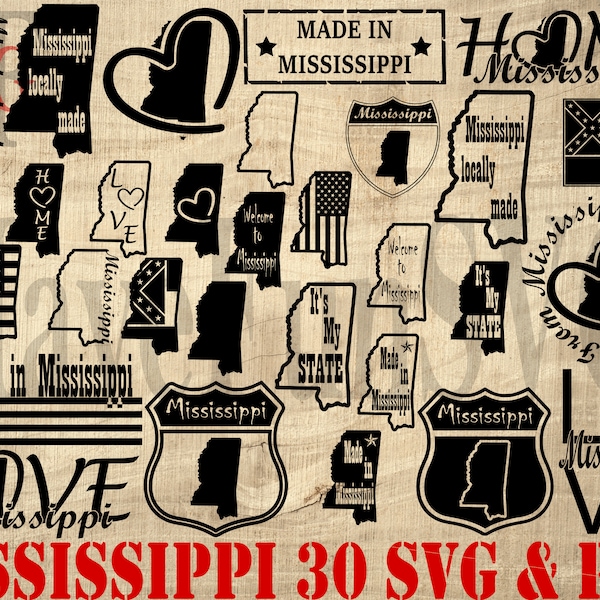 Mississippi USA State 30 SVG PNG Digital Download Files Bundle Cut Cutting Cricut Laser Designs Clipart Outline Map Shape T-shirt best 004