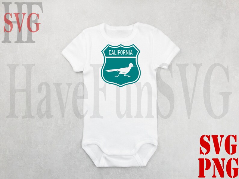 May include: White baby onesie with a teal blue road sign graphic. The sign says "California" and features a white silhouette of a roadrunner bird.