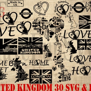 Paquete de 30 archivos SVG PNG de Reino Unido para descargar al instante, Inglaterra, Gran Bretaña, Reino Unido, mapa, forma, diseño de camiseta, impresión vectorial, Cricut, taza, prensa, bandera