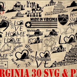 Virginia State Home Love SVG PNG Vector Download digitale File Bundle Taglio Macchina da taglio Cricut Designs Clipart Contorno forma maglietta Mappa