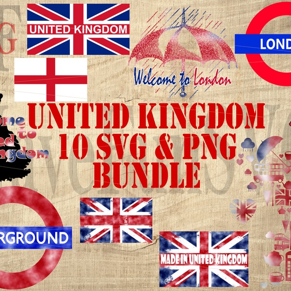 United Kingdom 10 Vector Print SVG PNG Instant Download Files Bundle England Great Britain UK Map Shape Shirt Design Patriotic Flag
