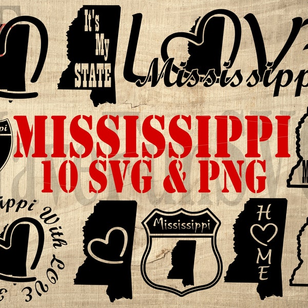 Mississippi USA State 10 Digital Download Files Bundle SVG PNG Cut Cutting Cricut Laser Designs Clipart Outline Map Shape T-shirt best 003