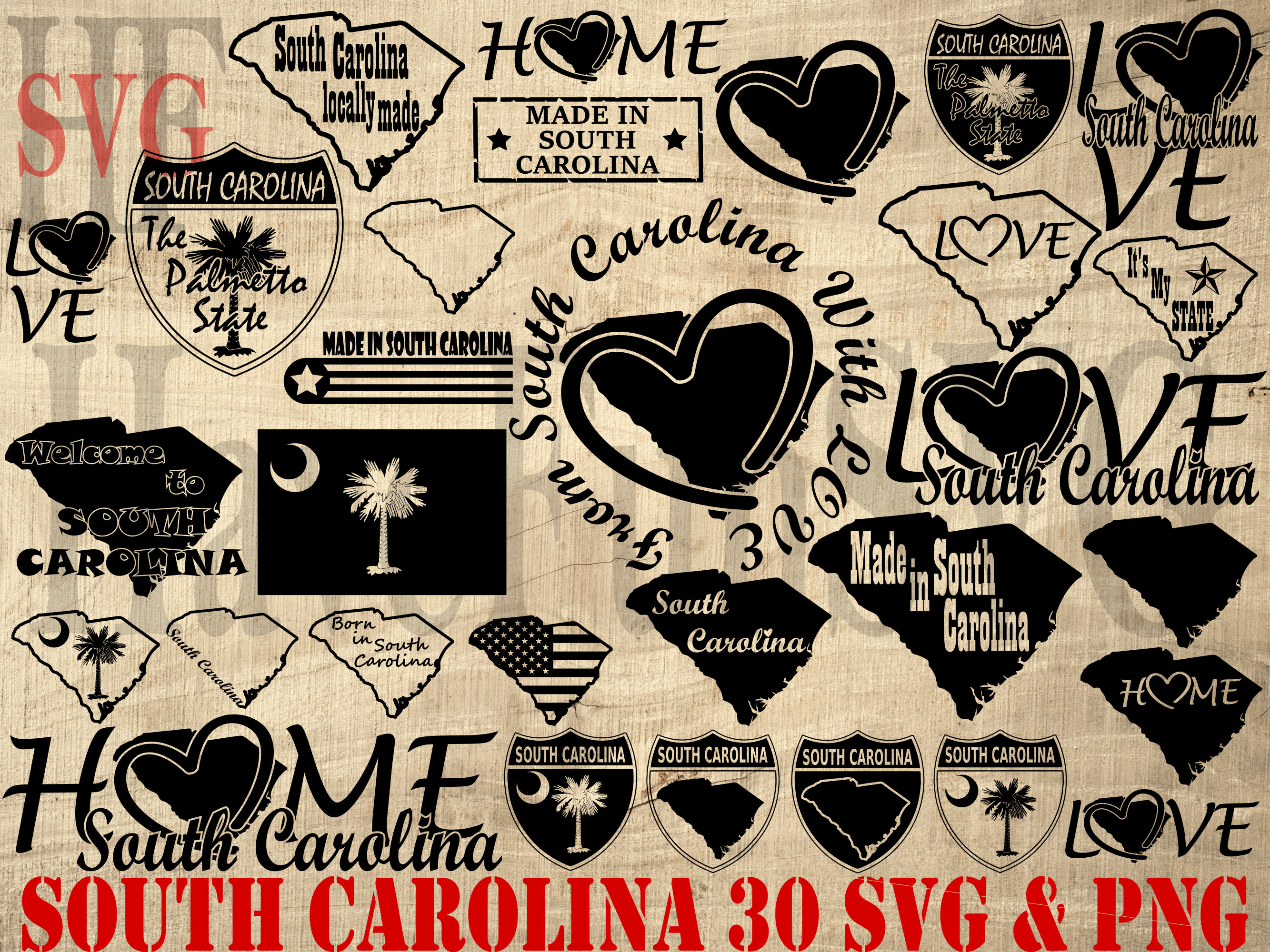 South Carolina State SVG PNG Files Bundle: 30 Vector Designs (digital ...
