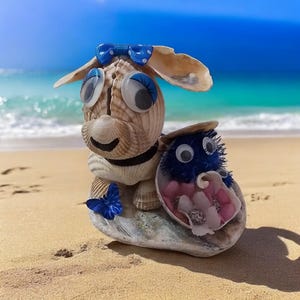 May include: A whimsical seashell sculpture of a dog with blue eyes and a blue bow. The dog is holding a smaller seashell sculpture of a blue creature with googly eyes.