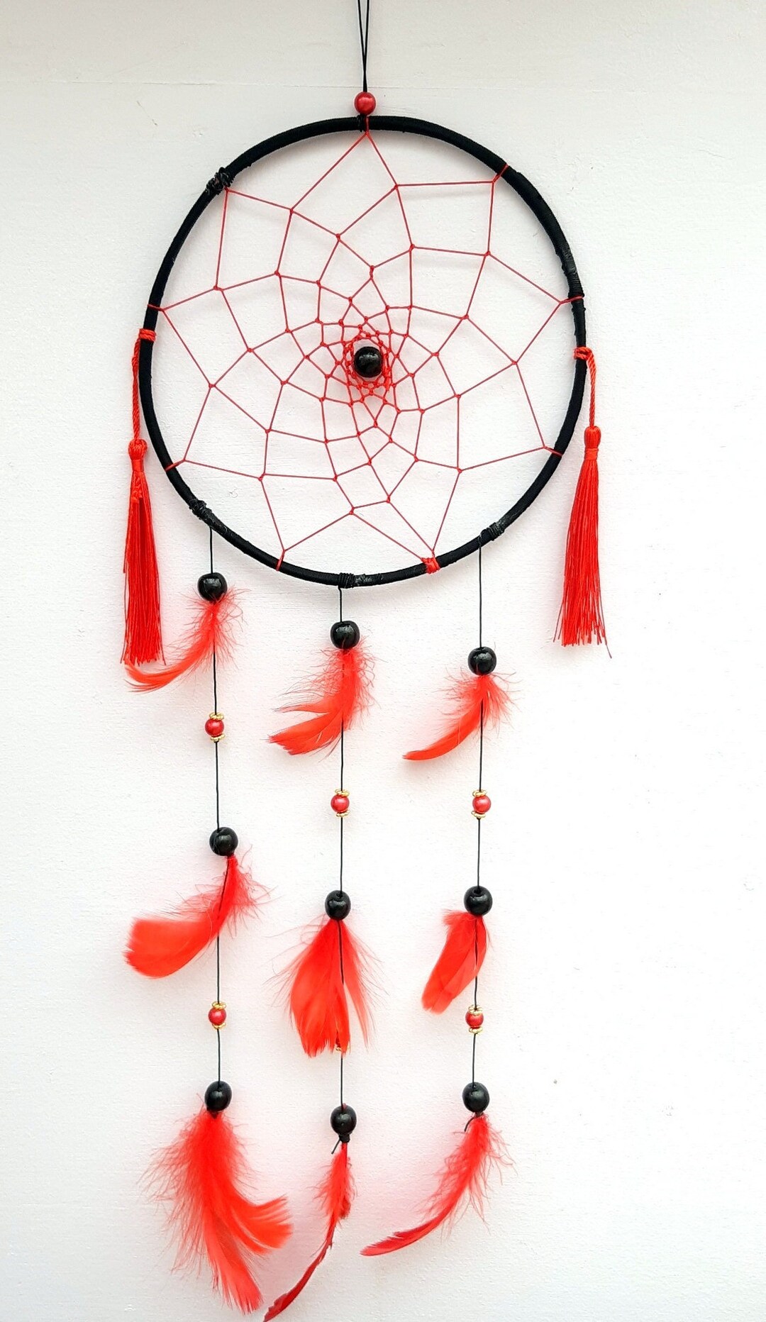 Black and Red Dream Catcher With Beads and Feather Etsy