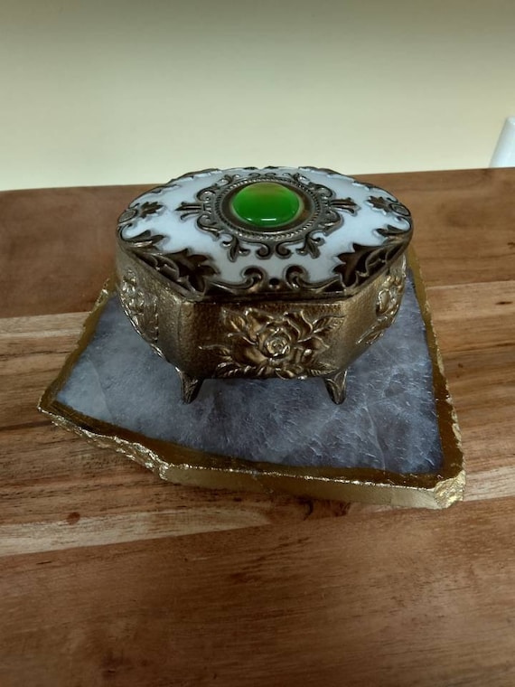 Metal and Enamel Green Gem Jewlery/Trinket Box