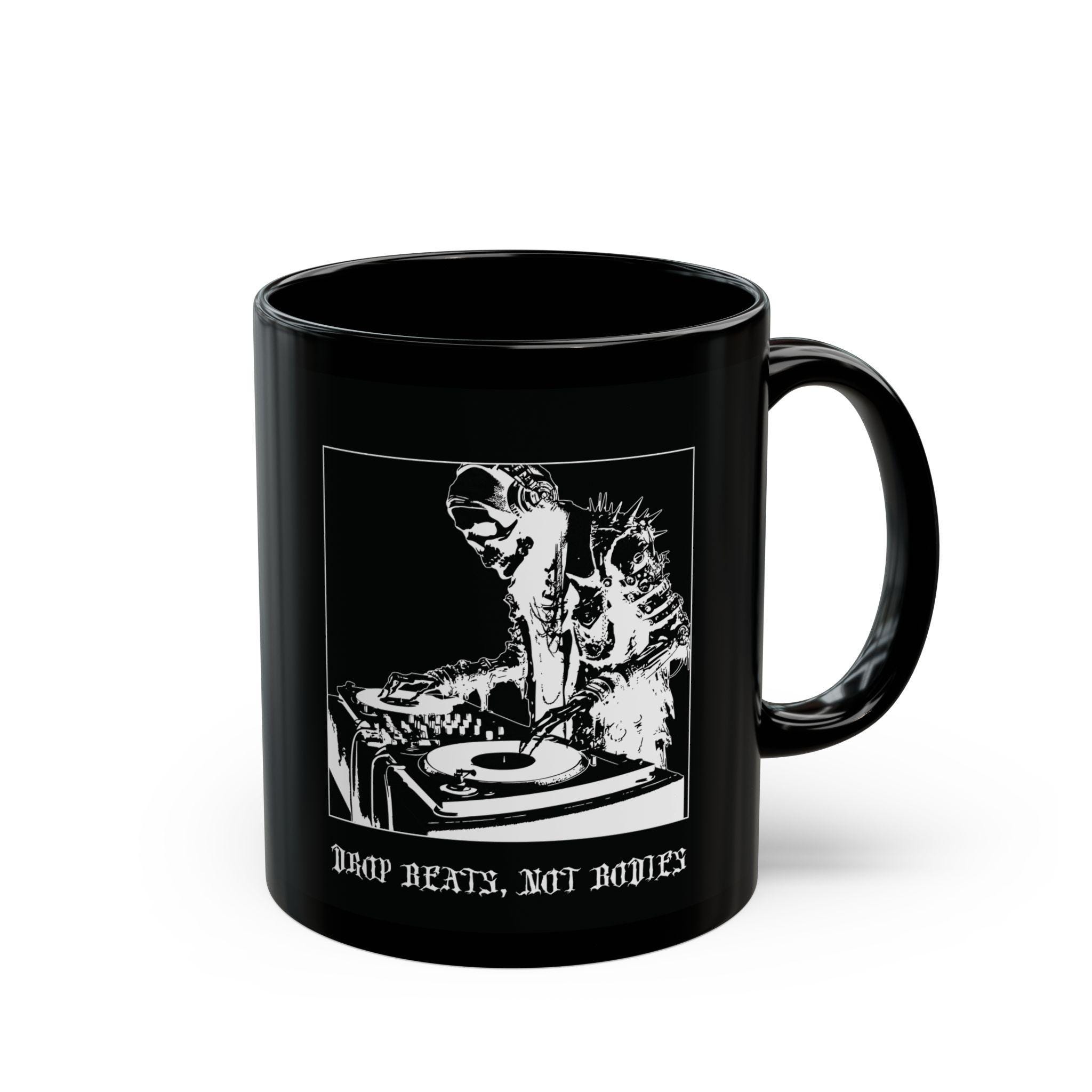 Funny Graphic Black Mug | Bold Gift Idea for Coffee Lovers | Unique Ceramic Cup | Sarcastic Office Humor | 11oz, 15oz | Skeleton DJ