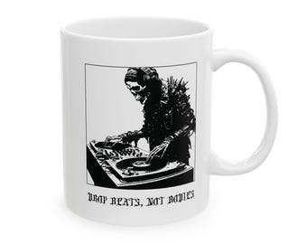 Funny Graphic Black Mug | Bold Gift Idea for Coffee Lovers | Unique Ceramic Cup | Sarcastic Office Humor | 11oz, 15oz | Skeleton DJ