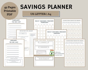 May include: A printable savings planner with 49 pages in US Letter or A4 size. The planner includes a daily savings tracker, a savings mood tracker, a reflection for January, a January to-do list, a February to-do list, and a year savings planner. The planner is designed to help you track your savings goals and progress.