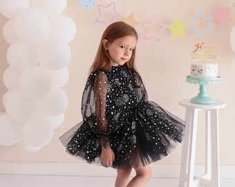 Magical Tutu Dress/Girl's outfit/baby's outfit/black tutu dress with gold star pattern/star pattern tutu dress/girl's black tutu dress