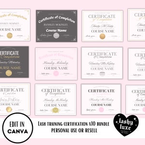 Editable lash certification template, certification of completion, lash training, lash course, printable lash extension certification, canva