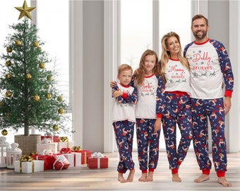 Personalised matching Christmas Pyjamas, Believes Family Pyjamas, Christmas Eve, Mum/Dad/Toddler / Baby outfit, Santa with sleigh & reindeer