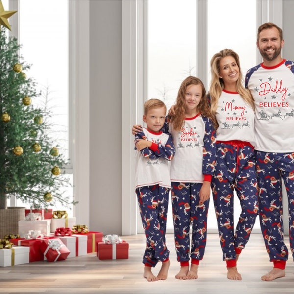 Personalised matching Christmas Pyjamas, Believes Family Pyjamas, Christmas Eve, Mum/Dad/Toddler / Baby outfit, Santa with sleigh & reindeer