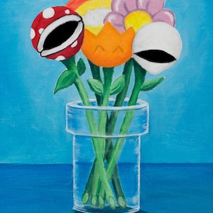 Super Mario flowers Oil painting print Piranha plant Fire flower Warp pipe