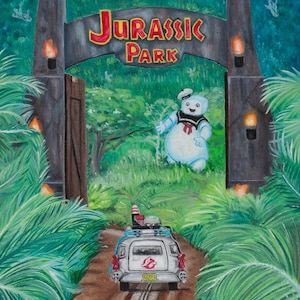 Ghostbusters Jurassic Park Oil painting Print Stay puff Jeep Gate