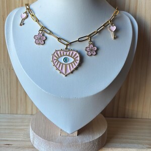 Gold Charm Necklace – Pink Evil Eye, Heart Key & Floral Charms | Y2K Soft Girl Spiritual Jewellery