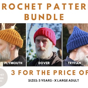 May include: A crochet pattern bundle for three different hats: a mustard yellow hat, a red hat, and a blue hat. The hats are shown on three different people. The text on the image reads "Crochet Pattern Bundle", "3 for the price of 2", and "Sizes: 5 years - X-Large Adult".