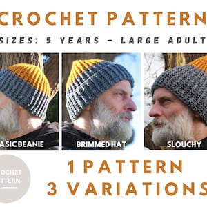 Op de afbeelding: Haakpatroon voor een beanie in drie variaties: basic beanie, beanie met rand en slouchy beanie. Het patroon bevat maten voor kinderen vanaf 5 jaar tot en met grote volwassenen.