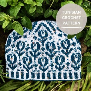 Puede incluir: Un gorro con un patrón de ganchillo tunecino en blanco y verde azulado oscuro, con un motivo floral repetitivo y un borde acanalado a rayas. El texto TUNISIAN CROCHET PATTERN aparece en blanco sobre un círculo en la esquina superior.