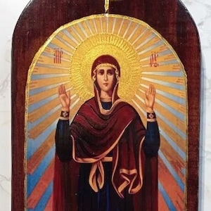 Icône unique Sainte Marie, La Vierge, Bienheureuse Vierge Marie, Sainte Mère de Dieu - Icône faite à la main - Peinte, Art religieux 18x37 cm. (7x15 pouces)
