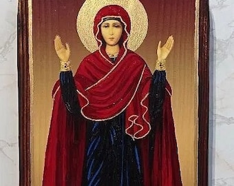 Unique Icon St. Mary, The Madonna, Blessed Virgin Mary, Holy Mother of God - Hand Made Icon - Painted, Religious Art 13x27 cm. (5x11 inches)