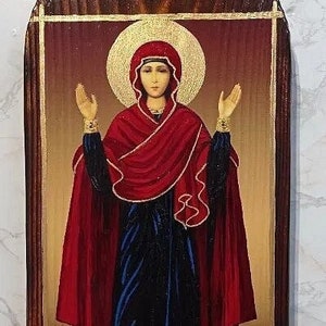 Icône unique Sainte Marie, La Vierge, Bienheureuse Vierge Marie, Sainte Mère de Dieu - Icône faite à la main - Peinte, Art religieux 13x27 cm. (5x11 pouces)