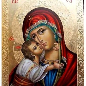Saint Mary and Jesus Christ, Blessed Virgin Mary, St. Mary, The Madonna with child - 24K GOLD Leaf - 100% Hand Painted, Orthodox Icon - Art