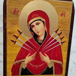 Icône unique Sainte Marie, La Vierge, Bienheureuse Vierge Marie, Sainte Mère de Dieu - Icône faite à la main - Peinte, Art religieux 23x37 cm. (9x15 pouces)