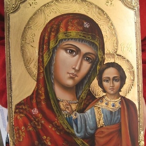 Sainte Marie et Jésus-Christ,Bienheureuse Vierge Marie,Sainte Marie,La Vierge à l’enfant-Feuille d’OR 24K-100% peinte à la main, Icône orthodoxe, Art religieux