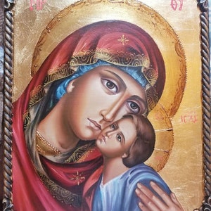 Sainte Marie et Jésus-Christ, Bienheureuse Vierge Marie, Sainte Marie, La Vierge à l’enfant - Feuille d’OR 24K - 100% Peinte à la main, Icône Orthodoxe, Art