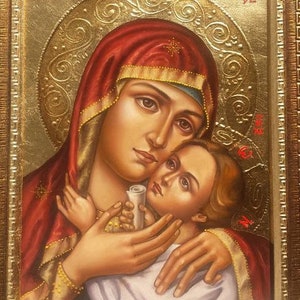 Sainte Marie avec Jésus-Christ,Bienheureuse Vierge Marie,Sainte Marie,La Vierge-Feuille d’OR 24K-100% Peinte à la main, Icône orthodoxe, Art religieux-Fait à la main