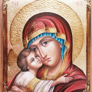 Sainte Marie avec Jésus-Christ, Bienheureuse Vierge Marie, La Vierge à l’Enfant - Feuille d’OR 24K - 100% Peinte à la main, Icône Orthodoxe - Art fait à la main