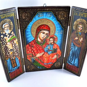 Triptych aged wooden hand painted Icon-Saint Cyprian, Saint Mary with Jesus Christ and Saint Justina - 50x60 cm. ~ Orthodox, Byzantine Art