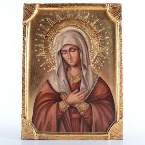 Sainte Marie, Vierge Marie, Sainte Marie, La Vierge - Feuille d&#39;or 24 carats - Icône unique peinte à la main, Art religieux, orthodoxe, byzantin
