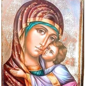 Sainte Marie avec Jésus-Christ,Bienheureuse Vierge Marie,Sainte Marie,La Vierge-Feuille d’OR 24K-100% Peinte à la main, Icône orthodoxe, Art religieux-Fait à la main
