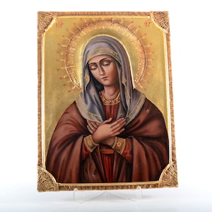 Sainte Marie, Bienheureuse Vierge Marie, Sainte Marie, La Vierge - Feuille d’or 24K Icône 100% Unique Peinte à la Main, Religieux, Orthodoxe, Art byzantin