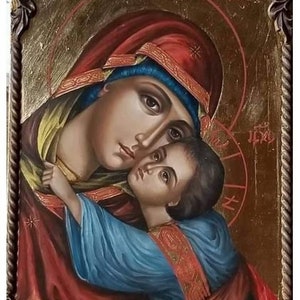 Sainte Marie,Bienheureuse Vierge Marie,Sainte Marie,La Vierge avec Jésus-Christ-Feuille d’OR 24K-100% Peinte à la main, Icône orthodoxe, Art religieux fait à la main
