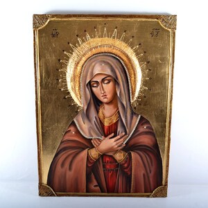 Sainte Marie, Vierge Marie, Sainte Marie, La Vierge - Feuille d&#39;or 24 carats - Icône unique peinte à la main, Art religieux, orthodoxe, byzantin