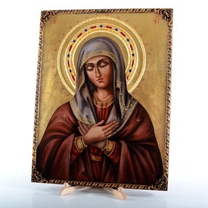 Sainte Marie, Bienheureuse Vierge Marie, Sainte Marie, La Vierge - Feuille d’or 24K Icône 100% Unique Peinte à la Main, Religieux, Orthodoxe, Art byzantin