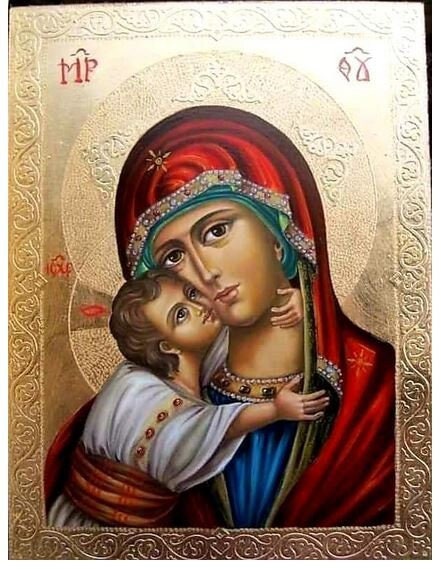 Oeuf jaune en bois décoré main La Vierge à l'Enfant et Anges russe h tot 13  cm