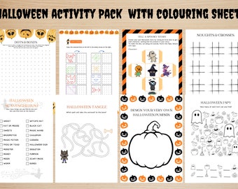 Può includere: Un pacchetto di attività di Halloween stampabile con fogli da colorare. Il pacchetto include una caccia al tesoro, un labirinto, un'attività di unisci i puntini, un gioco del tris, un'attività di progettazione della tua zucca e un gioco di 'vedo, vedo' di Halloween.