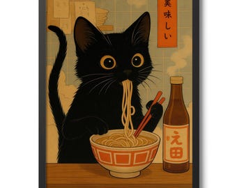 May include: A framed print featuring a black cat enjoying ramen noodles. The cat is depicted with large yellow eyes, holding chopsticks. A bowl of noodles and a bottle of sauce are also visible. Japanese text is present.