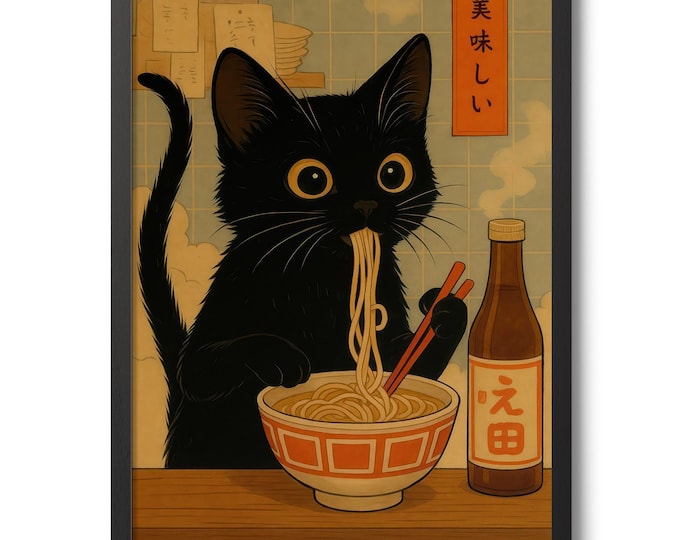 Noodle Cat Thief Anime Print, Japanese Poster, Wall Art Decor, Cat and Ramen Illustration, Cute Food Theme, Gift