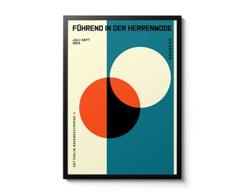 May include: A Bauhaus poster with a blue, white, and orange geometric design. The text reads "Führend in der Herrenmode" and "Juli-Sept 1923" and "Bauhaus" and "Sottlerin Badenstrasse II".