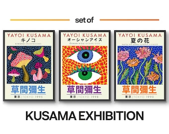 Yayoi Kusama Set of 3 Prints, Mushrooms Poster Wall Art, Bedroom, Lounge Home Decor, Japanese Museum Exhibition, framed A6 A5 A4 A3 A2 A1