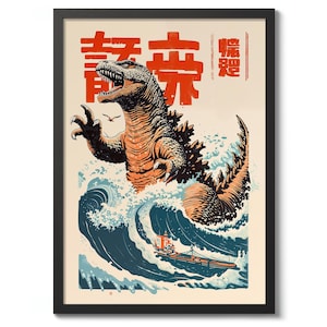 Könnte beinhalten: Gerahmter Kunstdruck mit einem Godzilla-ähnlichen Monster, das aus den Meereswellen auftaucht. Das Monster ist in Orange, Schwarz und Grau dargestellt, mit japanischem Text oben. Ein Schiff befindet sich im Wasser. Die Kunst hat eine Vintage-Ästhetik.