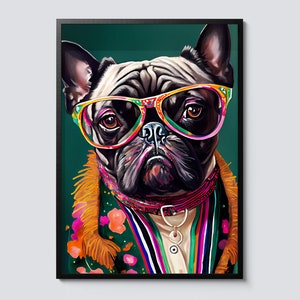 French bulldog cartoon pop art, funny dog with glasses wall print, home decor gift idea
