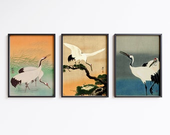 Japanese Cranes Set of 3 Prints, Japanese Bird Poster, Botanical Wall Art Japan Asia Oriental Wall Art Decor, A6 A5 A4 A3 A2 A1, Gift idea