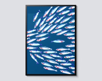 Blue fish shoal vintage illustration, sea nature graphic wall art, portrait print decor, perfect gift idea