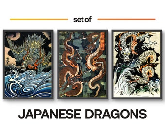 Japanese Dragons Set of 3 Prints, Mythical Dragon Poster Wall Art, Japan Asia Oriental Home Decor, A6 A5 A4 A3 A2 A1, Art Gift idea